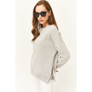 Olalook Women's Gray Side Zipper Detail Fleece Thick Sweatshirt obraz