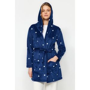 Trendyol Navy Blue Belted Heart Pattern Pocket and Hood Detail Fleece Knitted Dressing Gown obraz
