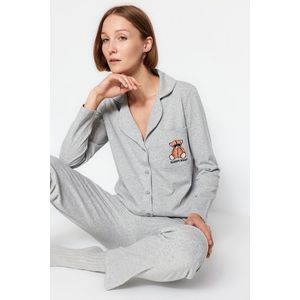 Trendyol Gray Melange Cotton Teddy Bear Embroidered Shirt-Pants Knitted Pajamas Set obraz