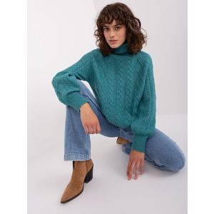 Tyrkysový kabelový pletený svetr s rolákem obraz