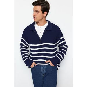 Trendyol Navy Blue Oversize Fit Wide Fit Polo Neck Striped Knitwear Sweater obraz