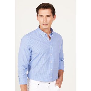 AC&Co / Altınyıldız Classics Men's Blue Slim Fit Slim Fit Button-down Collar Cotton Check Shirt obraz
