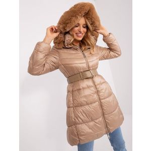 Tmavě béžová dámská zimní bunda s kapucí obraz