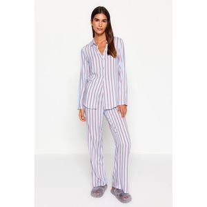 Trendyol Modré Pruhované Pyžamo s Rozparkem - Košile a Kalhoty obraz