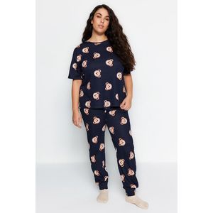 Trendyol Curve Navy Blue Teddy Bear Pattern Knitted Pajamas Set obraz