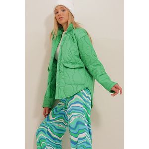 Trend Alaçatı Stili Dámský zelený dětský límec s podšívkou kapsa prošívaný kabát obraz