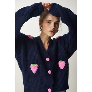 Happiness İstanbul Women's Navy Blue Strawberry Motif Oversize Knitwear Cardigan obraz