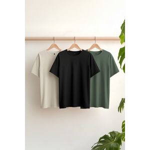 Trendyol černý-kamenný-tmavě zelený základní slim/slim fit 100% bavlna 3-balení triček obraz