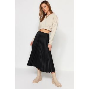Trendyol Black Pleat Detailed Satin Fabric Midi Length Woven Skirt obraz