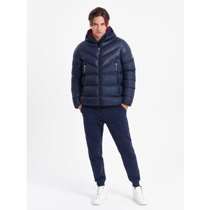 Ombre Men's winter quilted jacket of combined materials - navy blue obraz