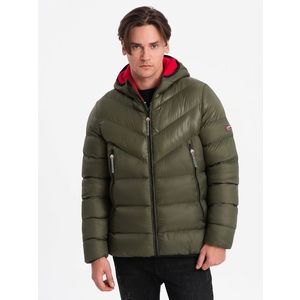 Ombre Men's quilted winter jacket with combined materials - dark olive green obraz