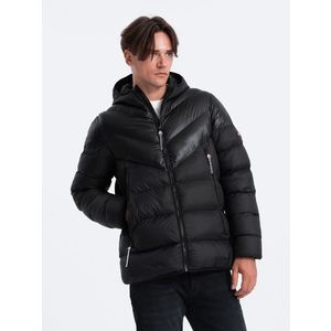 Ombre Men's winter quilted jacket of combined materials - black obraz