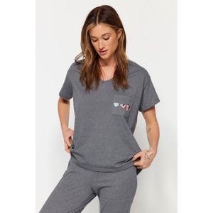 Trendyol Gray 100% Cotton Pocket Printed Wide Fit Tshirt-Pants Knitted Pajamas Set obraz