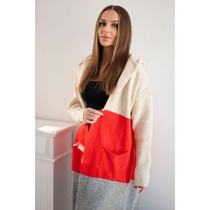 Pruhovaný svetr s kapucí béžový+červený+růžový obraz