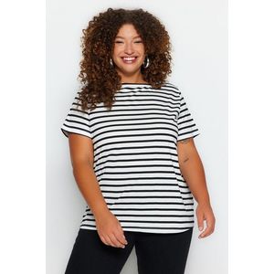 Trendyol Curve Black and White Striped Boat Neck Knitted T-shirt obraz