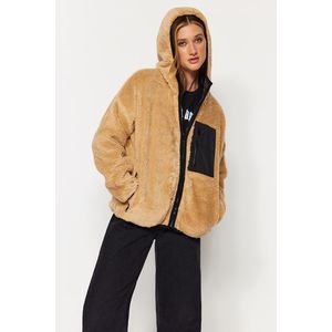 Trendyol EcruCamel Oversize plyšový kabát s kapucí a kapsami obraz