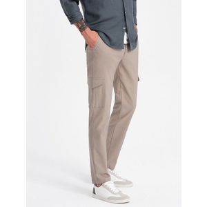 Ombre Men's REGULAR fabric pants with cargo pockets - beige obraz