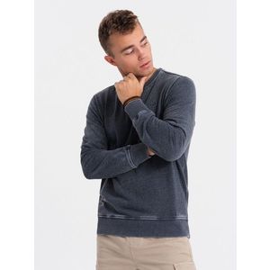 Ombre Washed men's sweatshirt with decorative stitching at the neckline - navy blue obraz