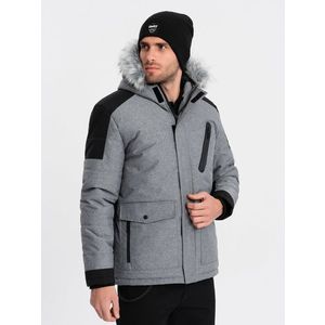 Ombre Men's winter jacket with adjustable hood with detachable fur - grey and black obraz