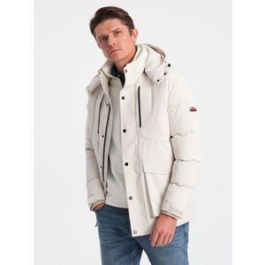 Ombre Men's winter jacket with detachable hood and cargo pockets - cream obraz