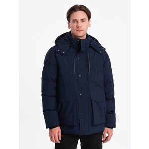 Ombre Men's winter jacket with detachable hood and cargo pockets - navy blue obraz