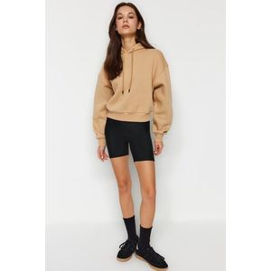 Trendyol Beige Fleece Inner Hooded Comfort Fit Crop Knitted Sweatshirt obraz