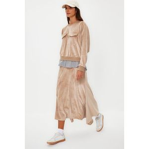 Trendyol Light Brown Velvet Undershirt Compression Detailed Knitted Skirt Two Piece Set obraz