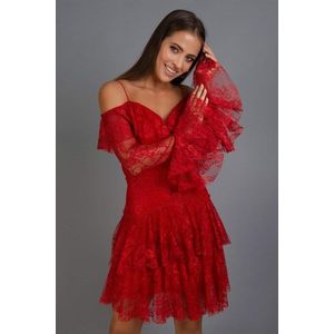 Carmen červené krajkové krátké večerní šaty s dlouhým rukávem obraz