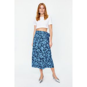 Trendyol Blue Floral Patterned Double Breasted Viscose Fabric Midi Length Woven Skirt obraz