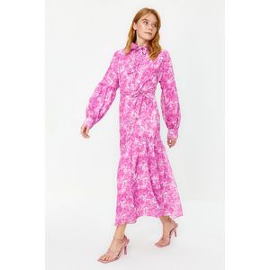 Trendyol Pink Belted Woven Lined Chiffon Floral Dress obraz