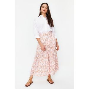 Trendyol Ecru Floral Pattern Pleated Woven Skirt with Elastic Waist obraz