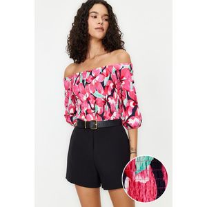 Trendyol Pink Printed Gimped Carmen Collar Three Quarter Sleeve Crepe/Texture Knitted Blouse obraz