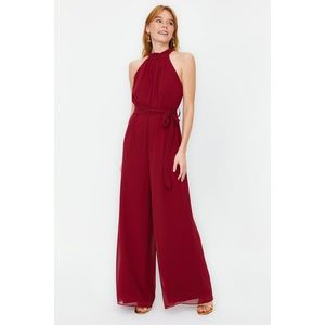 Trendyol Burgundy Belted Maxi Chiffon Lined Woven Jumpsuit obraz
