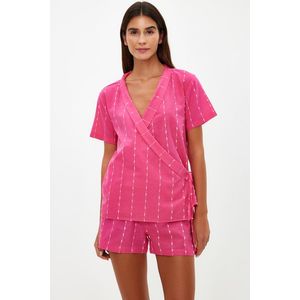 Trendyol Fuchsia Striped 100% Cotton Viscose Wide Fit Shirt-Shorts Woven Pajamas Set obraz