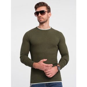 Ombre Men's cotton sweater with round neckline - dark olive obraz