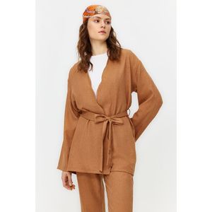 Trendyol Camel Belted Linen Look Kimono Trousers Woven Bottom Top Set obraz