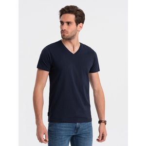 Ombre BASIC men's classic cotton T-shirt with a crew neckline - navy blue obraz