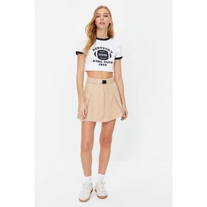 Trendyol Beige Belt Pleated High Waist Mini Denim Skirt obraz