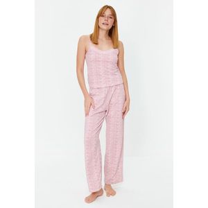 Trendyol Powder Cotton Striped Lace Detailed Rope Strap Knitted Pajama Set obraz