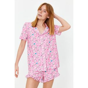 Trendyol Růžová 100% Bavlněná Zábavně Vzorovaná Košile-Kraťasy Pletené Pyžamová Sada obraz