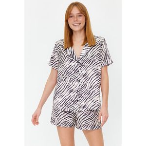 Trendyol Mink-Black Zebra Patterned Satin Shirt-Shorts Woven Pajama Set obraz
