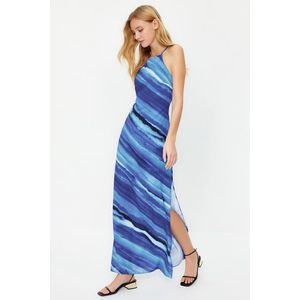 Trendyol Blue Tie-Dye Patterned Straight Cut Sleeveless Maxi Lined Satin Woven Dress obraz