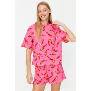 Trendyol růžové 100% bavlněné volnočasové vzorované pletené pyžamo obraz