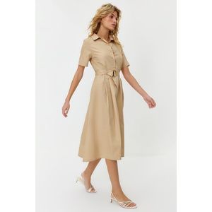 Trendyol Jewelled Belt Skirt Waist Opening Pleated 100% Cotton Poplin Midi Woven Dress obraz