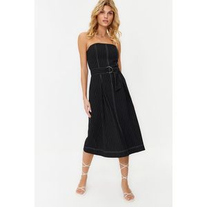 Trendyol Black Belted Striped Premium Fabric Skirt Flounces Midi Woven Dress obraz