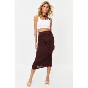 Trendyol Brown Gathered Body-Fitting Elastic Waist Lined Maxi Flexible Knitted Pencil Skirt obraz