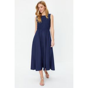 Trendyol Navy Blue Skirt Waist Opening Gipe Detail 100% Cotton Poplin Midi Woven Dress obraz