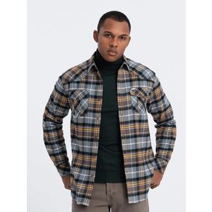Ombre Men's checkered flannel shirt with pockets - gray-yellow obraz