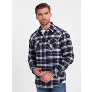 Ombre Men's checkered flannel shirt with pockets - navy blue and red obraz