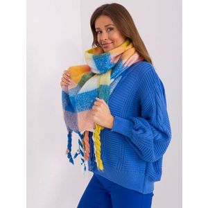 Žlutý a modrý dámský šátek s barevnými třásněmi obraz